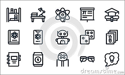 Nerd line icons. linear set. quality vector line set such as idea, boy, notebook, nerd, energy drink, science book, dices, Vector Illustration