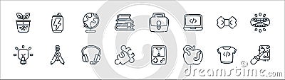 Nerd line icons. linear set. quality vector line set such as soldering, apple, puzzle, idea, bow, geography, portfolio, energy Vector Illustration