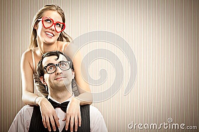 Nerd man boyfriend with his girlfriend love portrait Stock Photo
