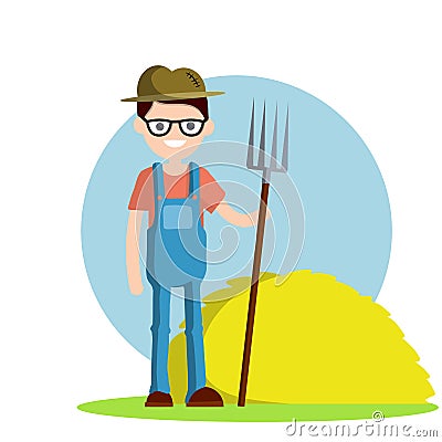 Village farmer with a pitchfork. Cartoon flat illustration Vector Illustration