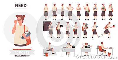 Nerd pose set, clever girl with glasses studying at home and school college or university Vector Illustration