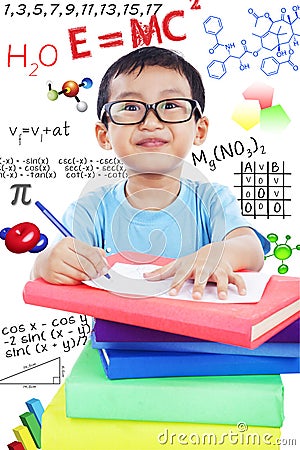 Nerd preschooler study science Stock Photo