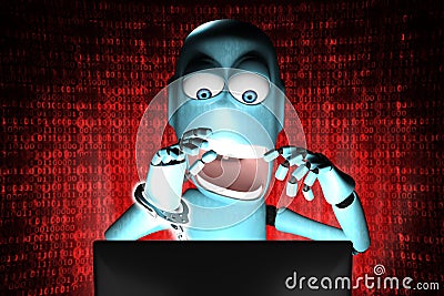 Nerd Robot hacker arrested with red binary code Stock Photo