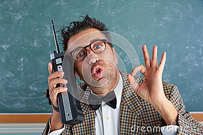 Nerd silly private investigator retro walkie talkie Stock Photo