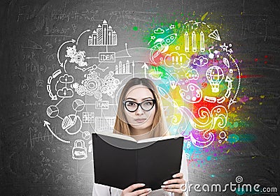 Nerdy Asian girl and business brain icons Stock Photo