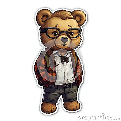 Nerdy IT Bear Sticker on White Background. Generative ai Cartoon Illustration