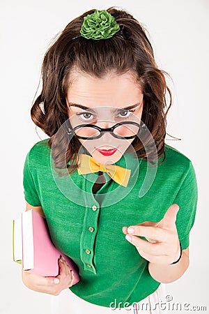 Nerdy girl telling someone off. Stock Photo