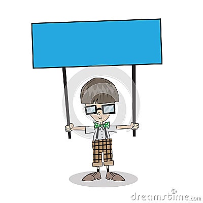 Nerdy kid with glasses and shorts holding up sign Vector Illustration