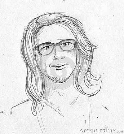 Nerdy long haired man - pencil sketch Stock Photo