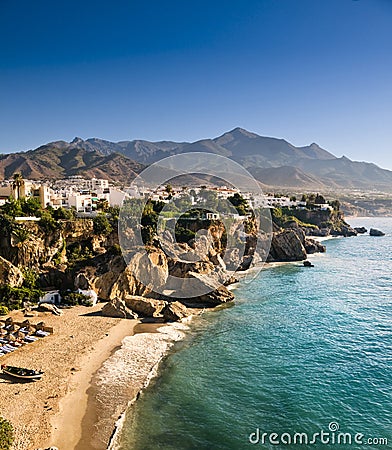 Nerja beach at sunrise in Andalucia, Spain Stock Photo