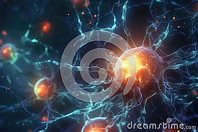 Nerve cell banner. System neuron of brain with synapses. Generative A Cartoon Illustration