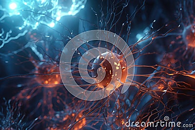 Nerve cell banner. System neuron of brain with synapses. Generative A Cartoon Illustration