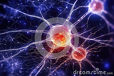 Nerve firing a signal through axon, nerve communication, AI Generative Stock Photo