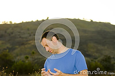 Nervous agitated man outside. Stock Photo