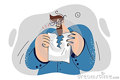 Nervous business man breaks contract, not wanting to fulfill obligations that do not bring profit Vector Illustration