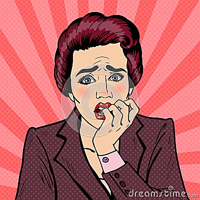 Nervous Business Woman Biting Her Fingers. Pop Art Vector Illustration