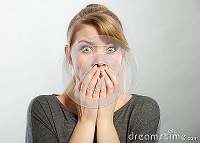 Nervous lady expressing fear. Stock Photo