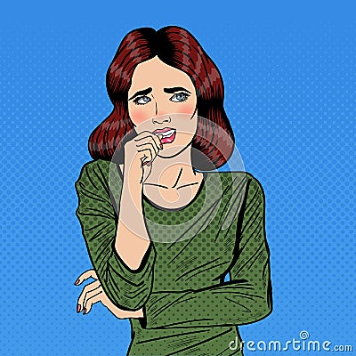 Nervous Pop Art Young Woman Biting her Nails Vector Illustration