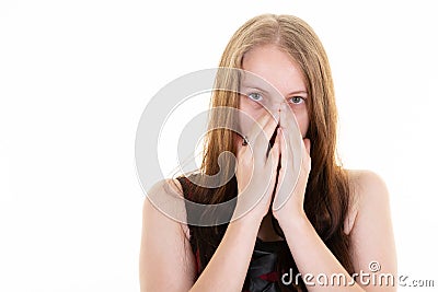 Nervous woman disgusted scared of facing destiny girl face expression on white background Stock Photo