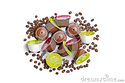 Nescafe Dolce Gusto coffee capsules isolated on white background Editorial Stock Photo