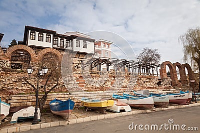 Nessebar, Bulgaria - February 27, 2016: Old wooden fishing boats in nessebar, ancient city on the Black Sea coast of Bulgaria Editorial Stock Photo