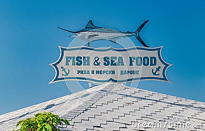 Nessebar, Bulgaria - 7 Sep 2018: A sign of a Fish & Sea Food restaurant in Nesebar ancient city. Nessebar or Nesebr is a UNESCO Editorial Stock Photo