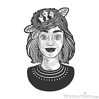 Nest chicks on girl head line art sketch vector Vector Illustration