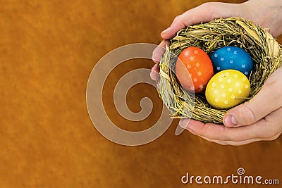 Nest colored eggs holiday symbol Easter in hands on a wooden background and copy space Stock Photo