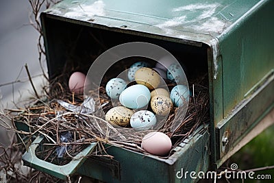 nest with eggs carefully placed in a vintage mailbox Stock Photo