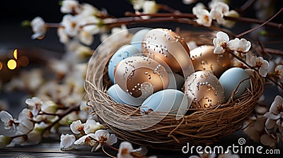 Nest with eggs on a wooden table. Happy Easter. Decorating eggs Stock Photo