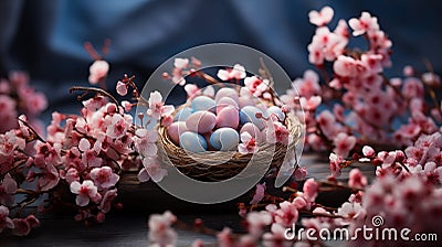 Nest with eggs on a wooden table. Happy Easter. Decorating eggs Stock Photo