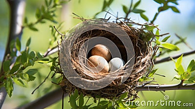 A nest filled with Cardinal bird eggs in the branches of a Chinese Elm tree Stock Photo