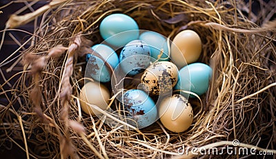 A nest filled with gold and turquoise patterned Easter eggs, surrounded by dry golden leaves. Stock Photo
