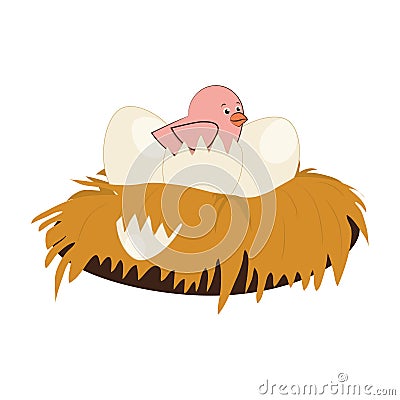 Nest with little bird and eggshell Vector Illustration