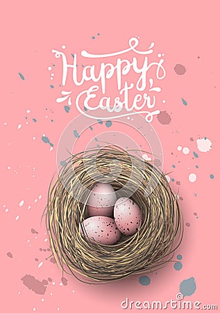 Nest with pink eggs on pink background, illustration Vector Illustration