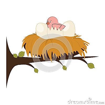 Nest in tree with little bird Vector Illustration