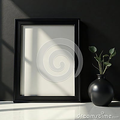 Nested black frames against a black background Clean lines, subtle shadow , black frame, frame mockup Stock Photo