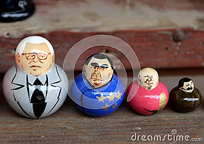 Nested dolls depicting Soviet rulers on the counter of souvenirs in Moscow. Editorial Stock Photo