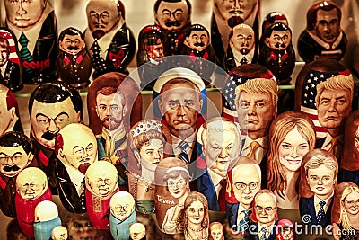 Nesting dolls with the image of politicians. Russian Souvenirs. Editorial Stock Photo