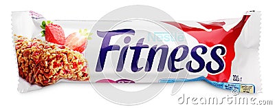 Nestle Fitness strawberry flavor wholegrain cereal bar isolated on white Editorial Stock Photo