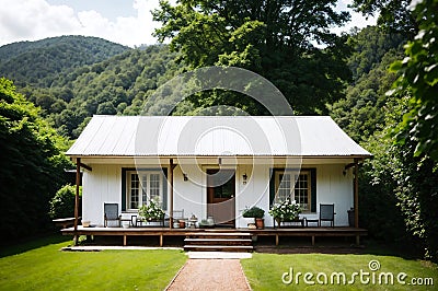 A small white house in the middle of the woods. Stock Photo