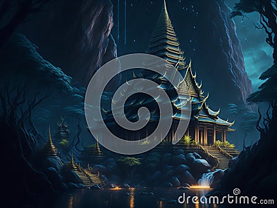 Nestled within the embrace of mountains and trees, a temple stands in serene solitude under the cloak of night. Stock Photo