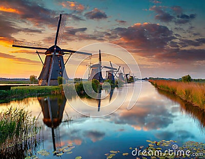 Renowned cluster of windmills located in Kinderdijk, Netherlands. Stock Photo