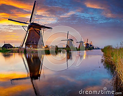 Renowned cluster of windmills located in Kinderdijk, Netherlands. Stock Photo