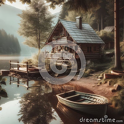 Quaint lake side cabin with boat of water's edge Stock Photo