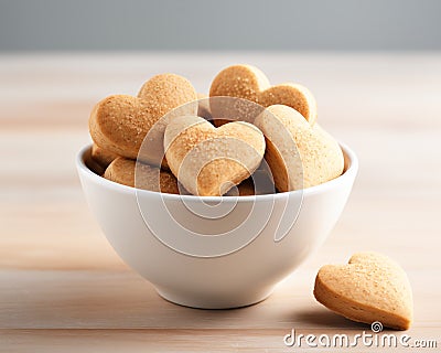 Heart shaped cookies in a white bowl on a wooden table. Shallow dof. Stock Photo