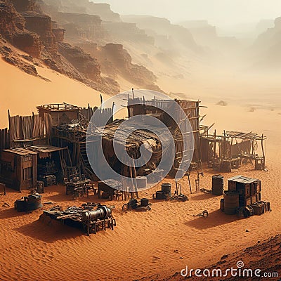 Desert outpost in a harsh, unforgiving environment, with makeshift buildings and scavenged technology Stock Photo