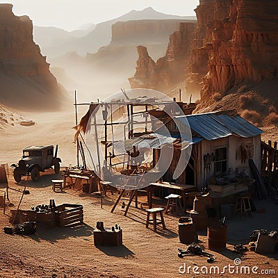 Desert outpost in a harsh, unforgiving environment, with makeshift buildings and scavenged technology Stock Photo