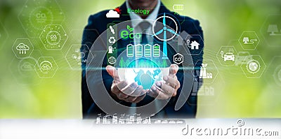 Net carbon neutrality. With regard to business, the hand of pollution and effective management with netzero symbols - renewable Stock Photo