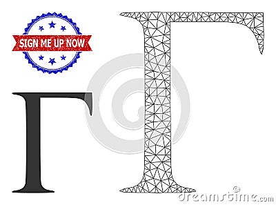 Triangular Mesh Gamma Greek Letter Icon and Distress Bicolor Sign Me up Now Stamp Cartoon Illustration
